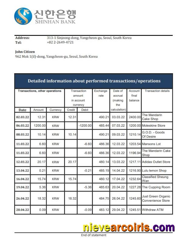 South Korea Shinhan Bank statement xls